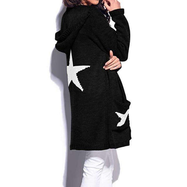 Planet Gates Black / L Hooded long sweater cardigan female Casual pockets loose autumn coat 2018 Winter sexy stars women outwear