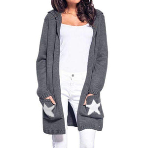 Planet Gates Black / L Hooded long sweater cardigan female Casual pockets loose autumn coat 2018 Winter sexy stars women outwear