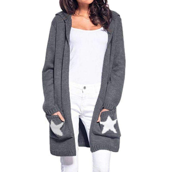 Planet Gates Black / L Hooded long sweater cardigan female Casual pockets loose autumn coat 2018 Winter sexy stars women outwear