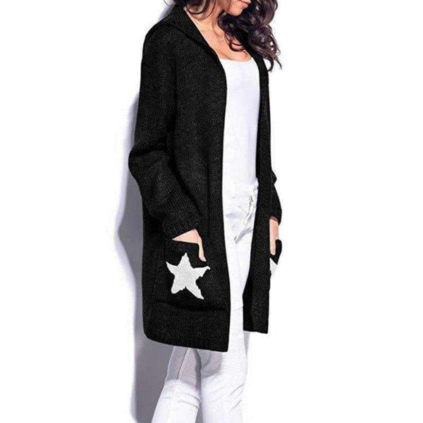 Planet Gates Black / L Hooded long sweater cardigan female Casual pockets loose autumn coat 2018 Winter sexy stars women outwear