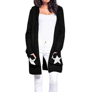 Planet Gates Black / L Hooded long sweater cardigan female Casual pockets loose autumn coat 2018 Winter sexy stars women outwear