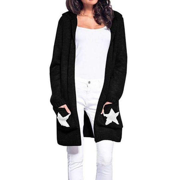 Planet Gates Black / L Hooded long sweater cardigan female Casual pockets loose autumn coat 2018 Winter sexy stars women outwear