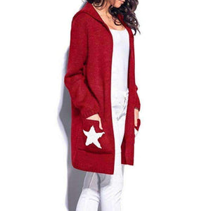 Planet Gates Black / L Hooded long sweater cardigan female Casual pockets loose autumn coat 2018 Winter sexy stars women outwear