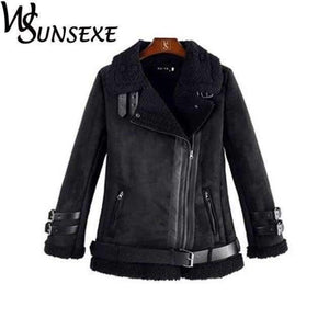 Planet Gates Black / L Leather Suede Jacket Coat Women New Winter Warm Lamb Wool Zipper Stand Collar Black Motorcycle Jackets Thick Bomber Outwear