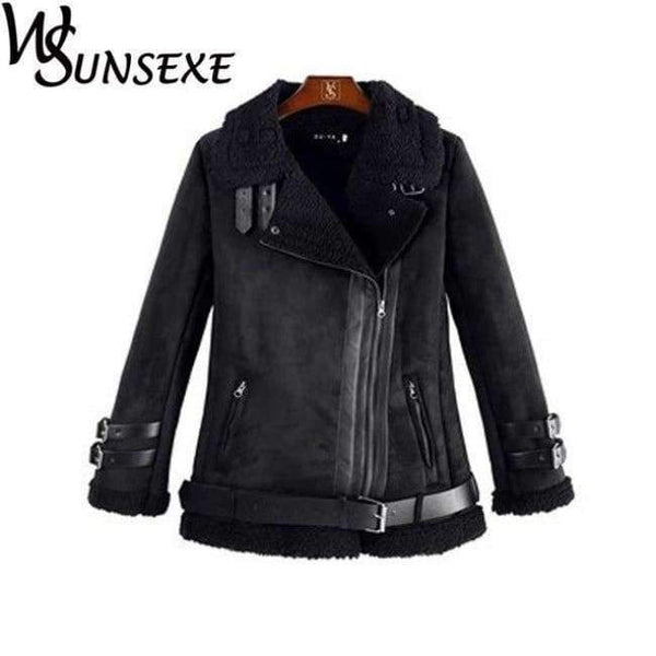 Planet Gates Black / L Leather Suede Jacket Coat Women New Winter Warm Lamb Wool Zipper Stand Collar Black Motorcycle Jackets Thick Bomber Outwear