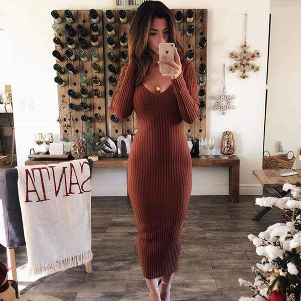 Planet Gates black / L LOSSKY Autumn Winter Knitted Bodycon Maxi Dress Sexy Long Sleeve V Neck Women Elegant Slim Women Fashion Warm Long Dresses 2018