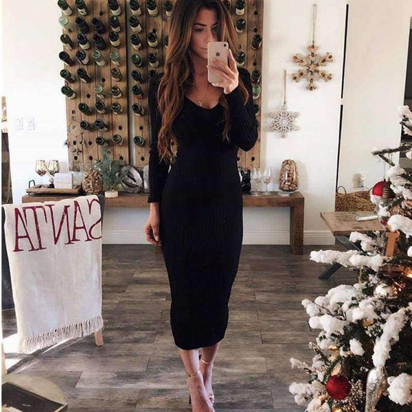 Planet Gates black / L LOSSKY Autumn Winter Knitted Bodycon Maxi Dress Sexy Long Sleeve V Neck Women Elegant Slim Women Fashion Warm Long Dresses 2018