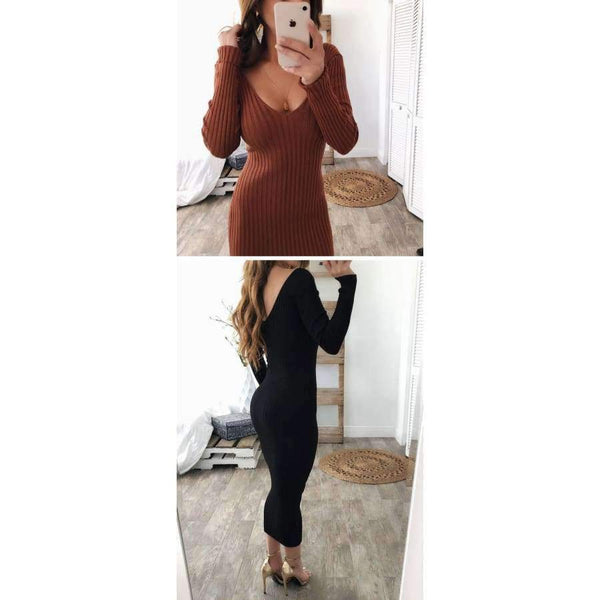 Planet Gates black / L LOSSKY Autumn Winter Knitted Bodycon Maxi Dress Sexy Long Sleeve V Neck Women Elegant Slim Women Fashion Warm Long Dresses 2018