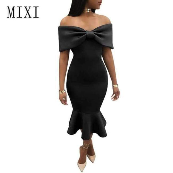 Planet Gates Black / L MIXI Vestidos 2018 Elegant Party Dress Women Blue Red Black Bow Cape Off Shoulder Mermaid Dress Vintage Ruffles Bodycon Dresses