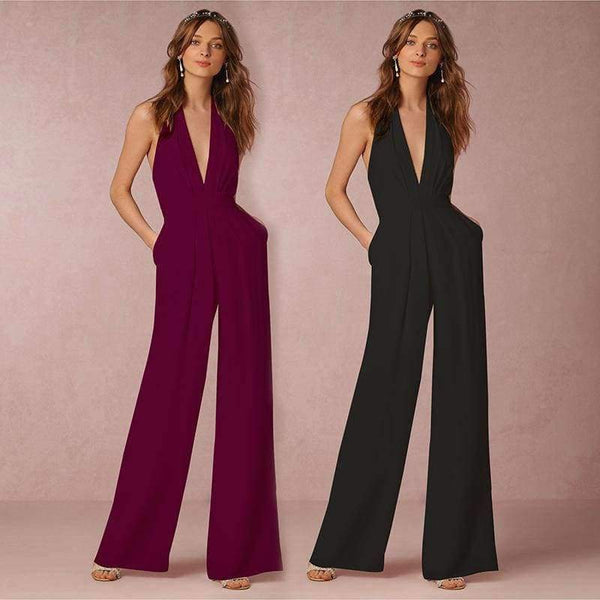 Planet Gates Black / L New Casual Wedding Jumpsuit Sexy Sleeveless Halter Elegant Jumpsuit Ladies Coverall Deep V Sexy Halter Jumpsuit