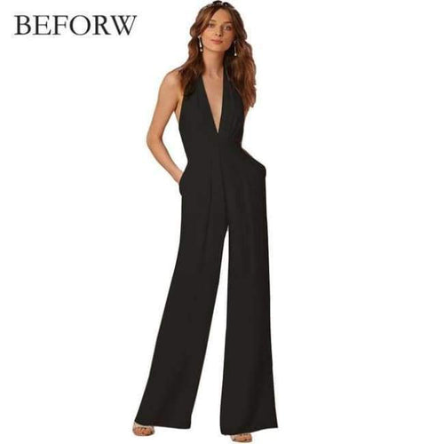 Planet Gates Black / L New Casual Wedding Jumpsuit Sexy Sleeveless Halter Elegant Jumpsuit Ladies Coverall Deep V Sexy Halter Jumpsuit