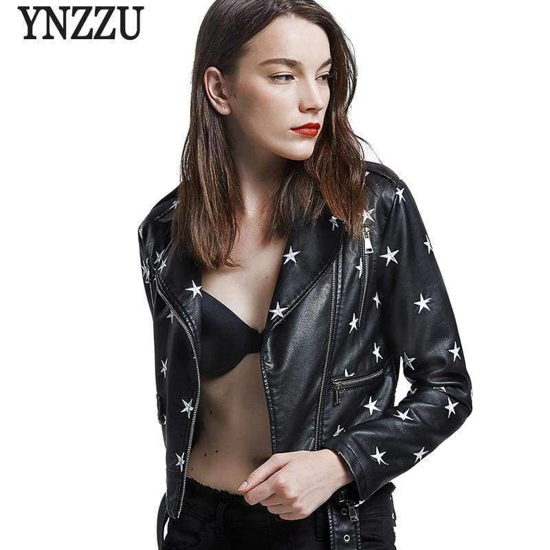 Planet Gates Black / L New Design 2018 Autumn Women Leather Jacket Coat Chic Star Embroidery Long Sleeve PU Short Motor Leather Jacket YO561