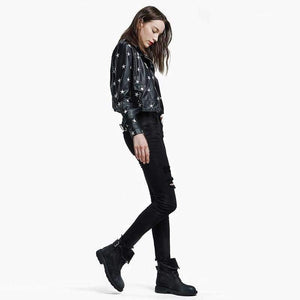 Planet Gates Black / L New Design 2018 Autumn Women Leather Jacket Coat Chic Star Embroidery Long Sleeve PU Short Motor Leather Jacket YO561