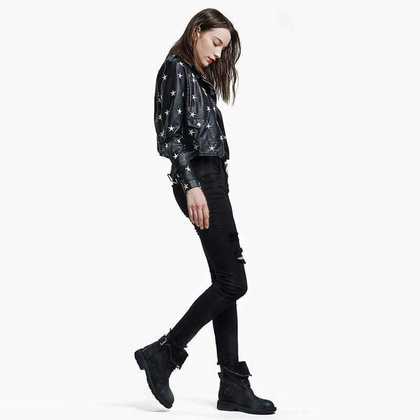 Planet Gates Black / L New Design 2018 Autumn Women Leather Jacket Coat Chic Star Embroidery Long Sleeve PU Short Motor Leather Jacket YO561
