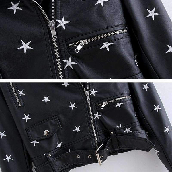Planet Gates Black / L New Design 2018 Autumn Women Leather Jacket Coat Chic Star Embroidery Long Sleeve PU Short Motor Leather Jacket YO561