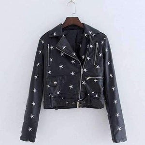 Planet Gates Black / L New Design 2018 Autumn Women Leather Jacket Coat Chic Star Embroidery Long Sleeve PU Short Motor Leather Jacket YO561