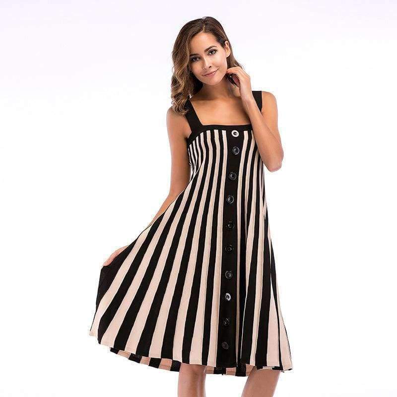 Planet Gates black / L New Fashion High Waist Sleeveless Striped Buttoned Knit Strappy Dress Large Size Summer Dress Women D139