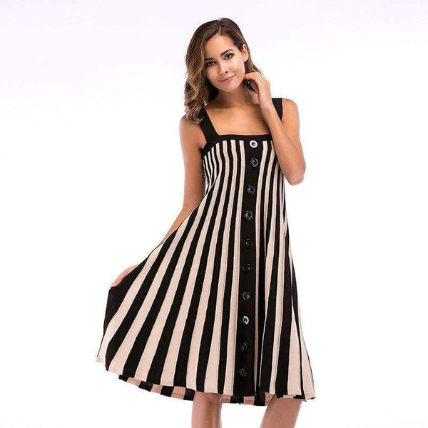 Planet Gates black / L New Fashion High Waist Sleeveless Striped Buttoned Knit Strappy Dress Large Size Summer Dress Women D139