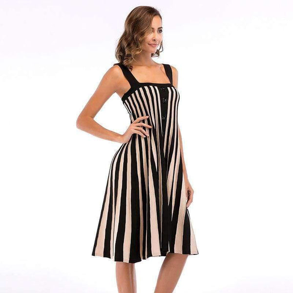 Planet Gates black / L New Fashion High Waist Sleeveless Striped Buttoned Knit Strappy Dress Large Size Summer Dress Women D139