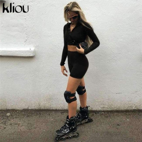 Planet Gates Black / L New Female Fluorescence Fitness Two Pieces Sets 2018 Autumn Full Sleeve Zipper Turtleneck Tops And High Waist Shorts Suits