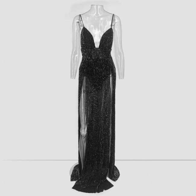 New Sequin Sexy Dress Women Deep V Sleeveless Long Split Party Dresses  Backless Prom Maxi Dress