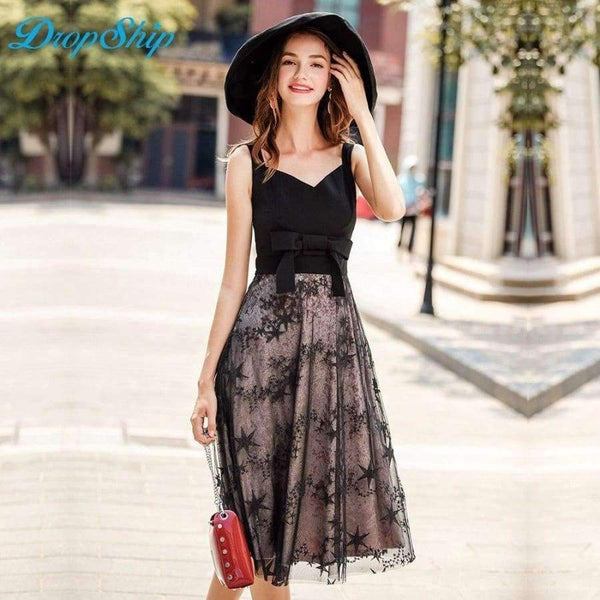 Planet Gates Black / L New Sexy Spaghetti Stap Backless Women Long Party Dress V Neck Mesh Embroidered Bowknot Dresses Bodycon Vestido 2018