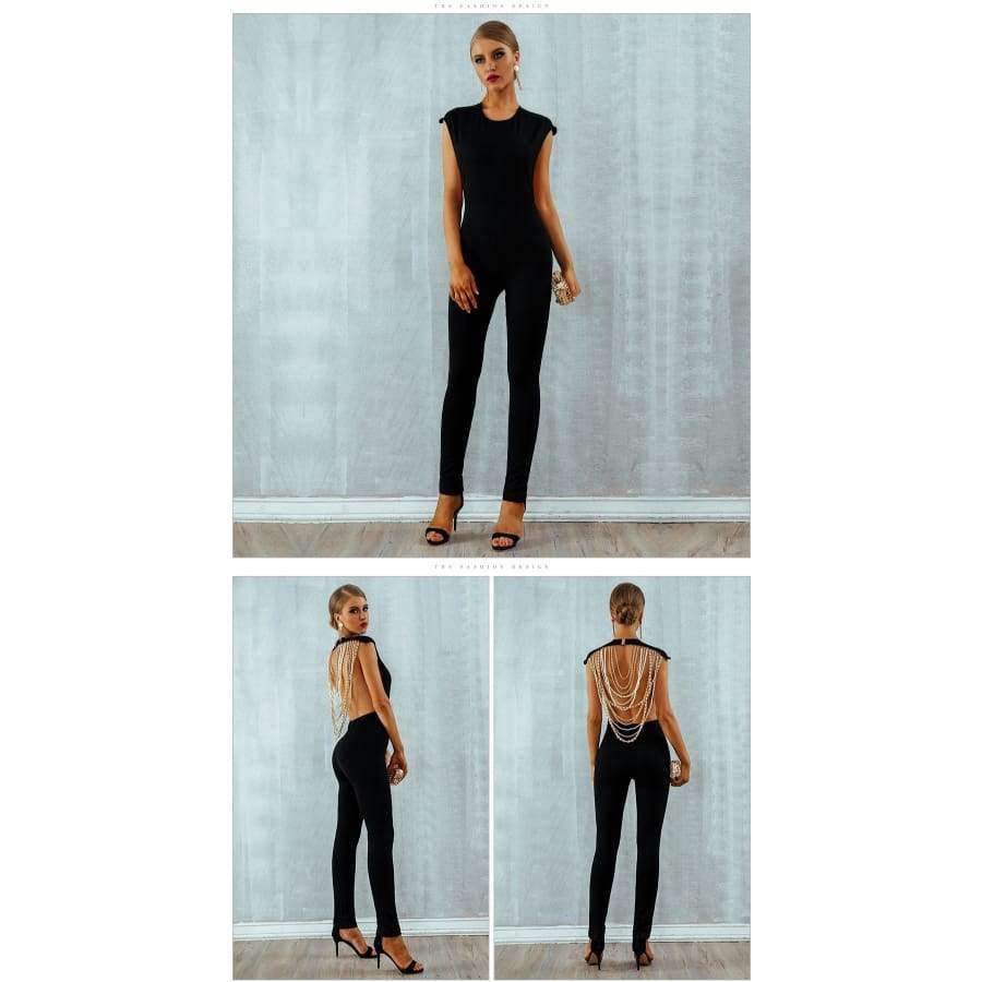 Planet Gates Black / L New Summer Women Jumpsuit  Elegant Beads Sexy Backless Sleeveless Chain Celebrity Night Club Party Jumpsuits Rompers