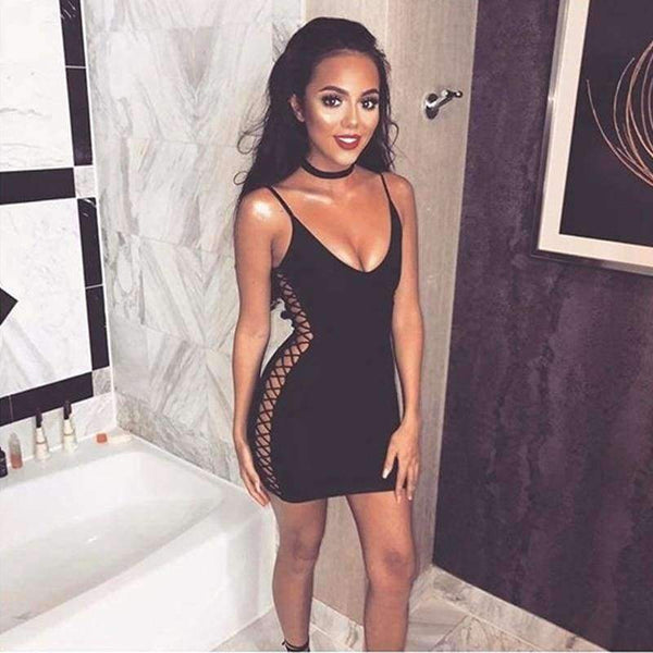 Planet Gates Black / L New Women Dress Sexy Straps Side Lace Up Dress Women Clubwear Bandage Party Dresses Hollow Out clothes