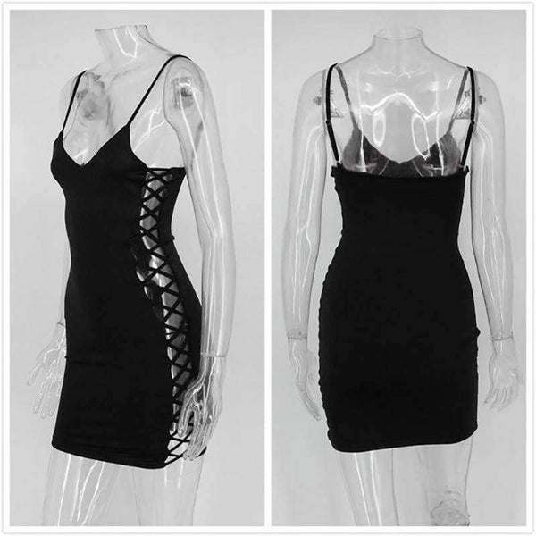 Planet Gates Black / L New Women Dress Sexy Straps Side Lace Up Dress Women Clubwear Bandage Party Dresses Hollow Out clothes