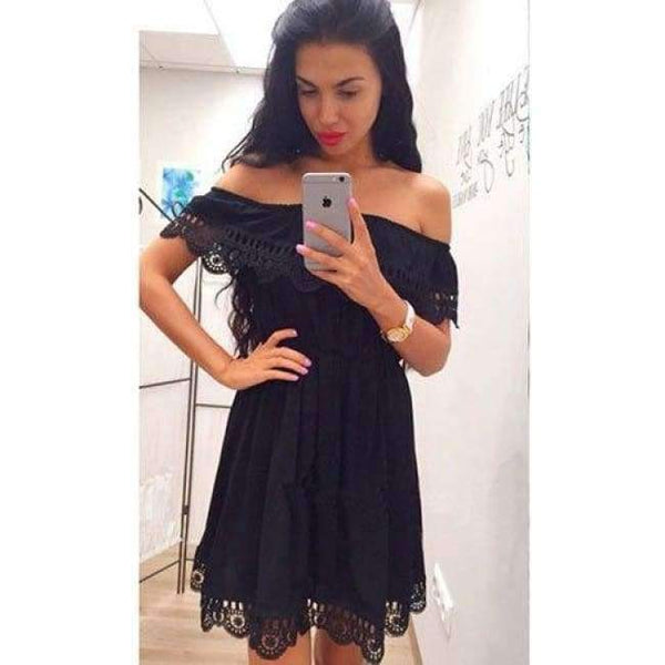 Planet Gates Black / L Off Shoulder Ruffles Dress Women 2018 Summer Lace One shoulder Sundresses Beach Casual Shirt Short Mini Party Dresses