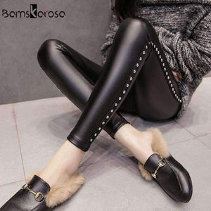 Planet Gates Black / L PU Faux Leather leggings Women Fashion 2018 Winter Fleece Matte Rivets Push Up Pencil Pants Female Slim Lady Leggins Mujer