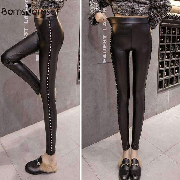 Planet Gates Black / L PU Faux Leather leggings Women Fashion 2018 Winter Fleece Matte Rivets Push Up Pencil Pants Female Slim Lady Leggins Mujer