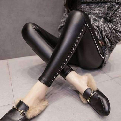 Planet Gates Black / L PU Faux Leather leggings Women Fashion 2018 Winter Fleece Matte Rivets Push Up Pencil Pants Female Slim Lady Leggins Mujer