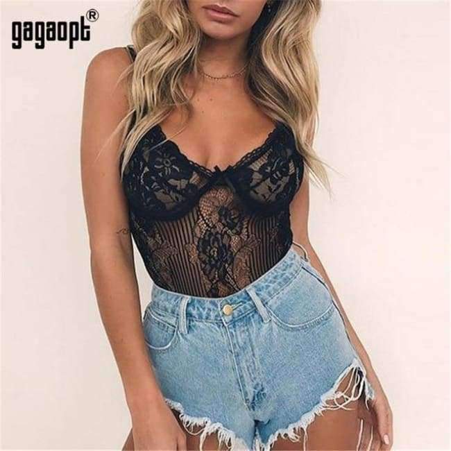 Planet Gates Black / L Sexy Bodysuit 2018 Autumn Women Shoulder Strap Bow Tie Floral Embroidery Hollow Out Lace Bodysuit Black White Romper