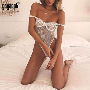 Planet Gates Black / L Sexy Bodysuit 2018 Autumn Women Shoulder Strap Bow Tie Floral Embroidery Hollow Out Lace Bodysuit Black White Romper