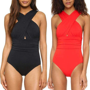 Planet Gates Black / L Sexy Cross Halter Women Swimwear One Piece Swimsuit Black Red Solid Women Bathing Suits Beach Wear Swim Free Shipping