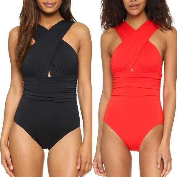 Planet Gates Black / L Sexy Cross Halter Women Swimwear One Piece Swimsuit Black Red Solid Women Bathing Suits Beach Wear Swim Free Shipping