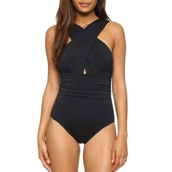 Planet Gates Black / L Sexy Cross Halter Women Swimwear One Piece Swimsuit Black Red Solid Women Bathing Suits Beach Wear Swim Free Shipping