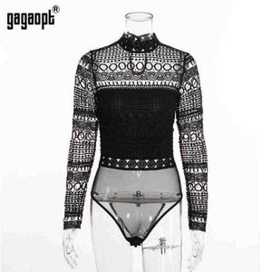 Planet Gates Black / L Sexy Lace Bodysuit Long Sleeve Hollow Out Joint Romper Women Jumpsuit Autumn O-Collar femme Playsuit