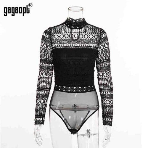 Planet Gates Black / L Sexy Lace Bodysuit Long Sleeve Hollow Out Joint Romper Women Jumpsuit Autumn O-Collar femme Playsuit