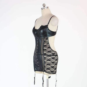 Planet Gates Black / L Sexy Vinyl Leather Babydoll Lingerie  Seduce Exotic Black Lace Bodysuit For Women S-XXL W850502