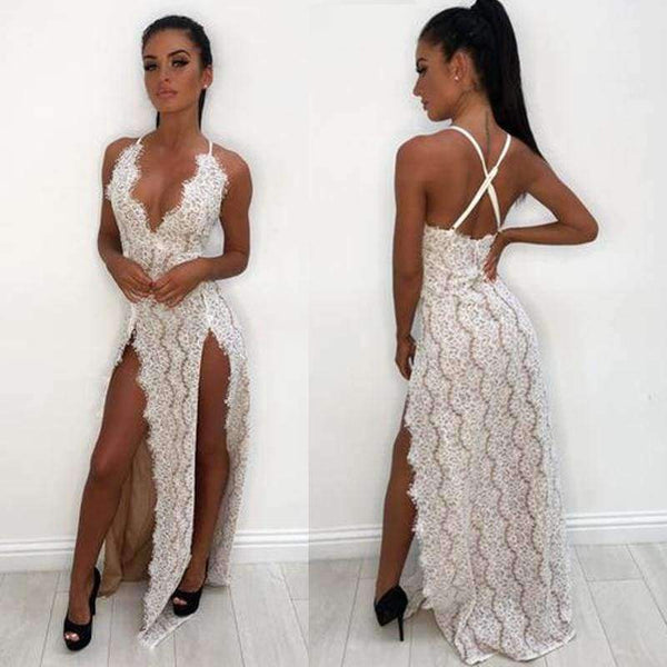 Planet Gates Black / L Sleeveless Women Summer Lace Beach Dress Swimwear Women Halter Maxi Dress Deep V Split Casual Sexy Party Women Dress