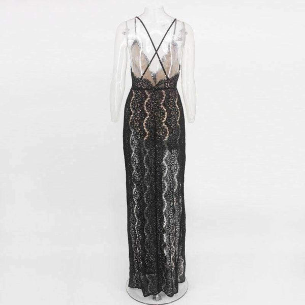 Planet Gates Black / L Sleeveless Women Summer Lace Beach Dress Swimwear Women Halter Maxi Dress Deep V Split Casual Sexy Party Women Dress