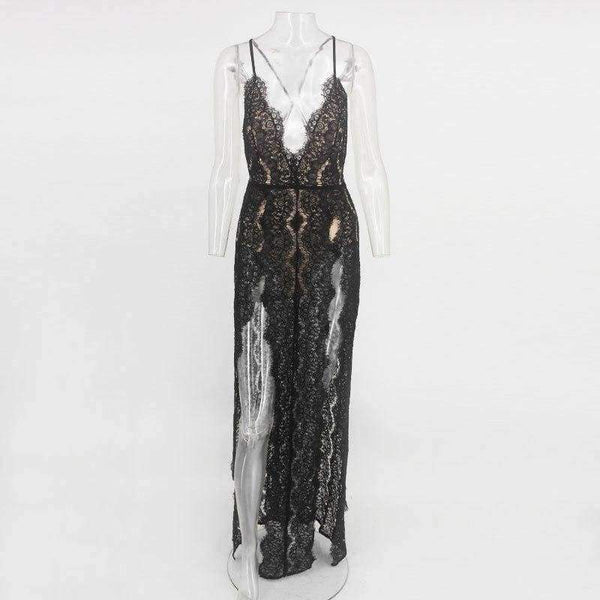 Planet Gates Black / L Sleeveless Women Summer Lace Beach Dress Swimwear Women Halter Maxi Dress Deep V Split Casual Sexy Party Women Dress