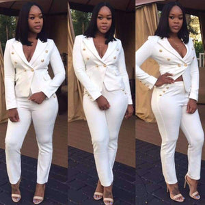 Planet Gates Black / L Style Elegant 2 piece long Pant Suit with jacket 2018 Casual Office ol Set sexy v-neck black white Trouser Set
