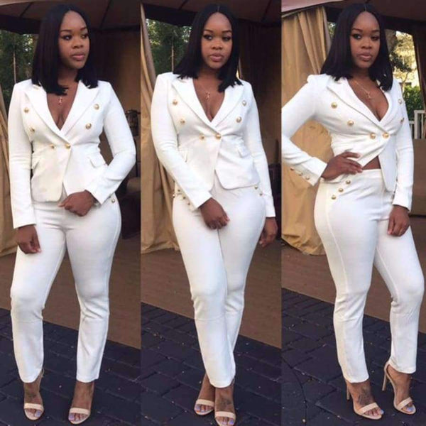 Planet Gates Black / L Style Elegant 2 piece long Pant Suit with jacket 2018 Casual Office ol Set sexy v-neck black white Trouser Set