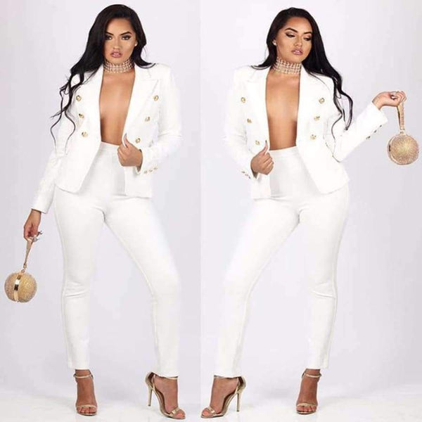 Planet Gates Black / L Style Elegant 2 piece long Pant Suit with jacket 2018 Casual Office ol Set sexy v-neck black white Trouser Set
