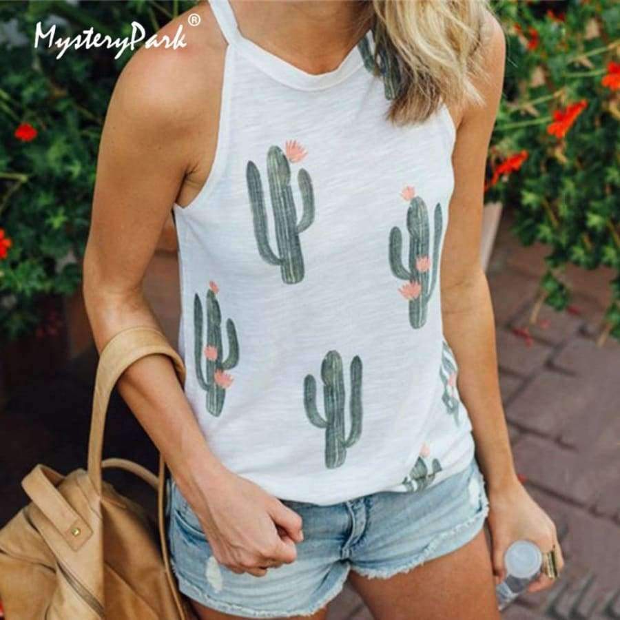 Planet Gates Black / L Summer Fashion Women O-neck Tops Cactus Pattern Printed Sleeveless Casual Tank Top Vest Female Camisole Tee