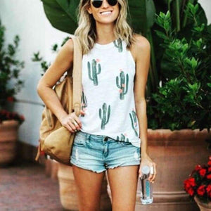Planet Gates Black / L Summer Fashion Women O-neck Tops Cactus Pattern Printed Sleeveless Casual Tank Top Vest Female Camisole Tee