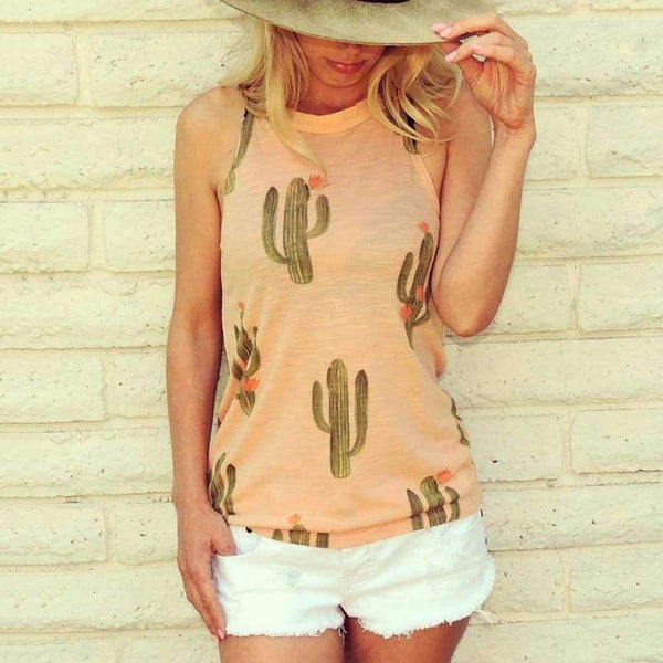 Planet Gates Black / L Summer Fashion Women O-neck Tops Cactus Pattern Printed Sleeveless Casual Tank Top Vest Female Camisole Tee